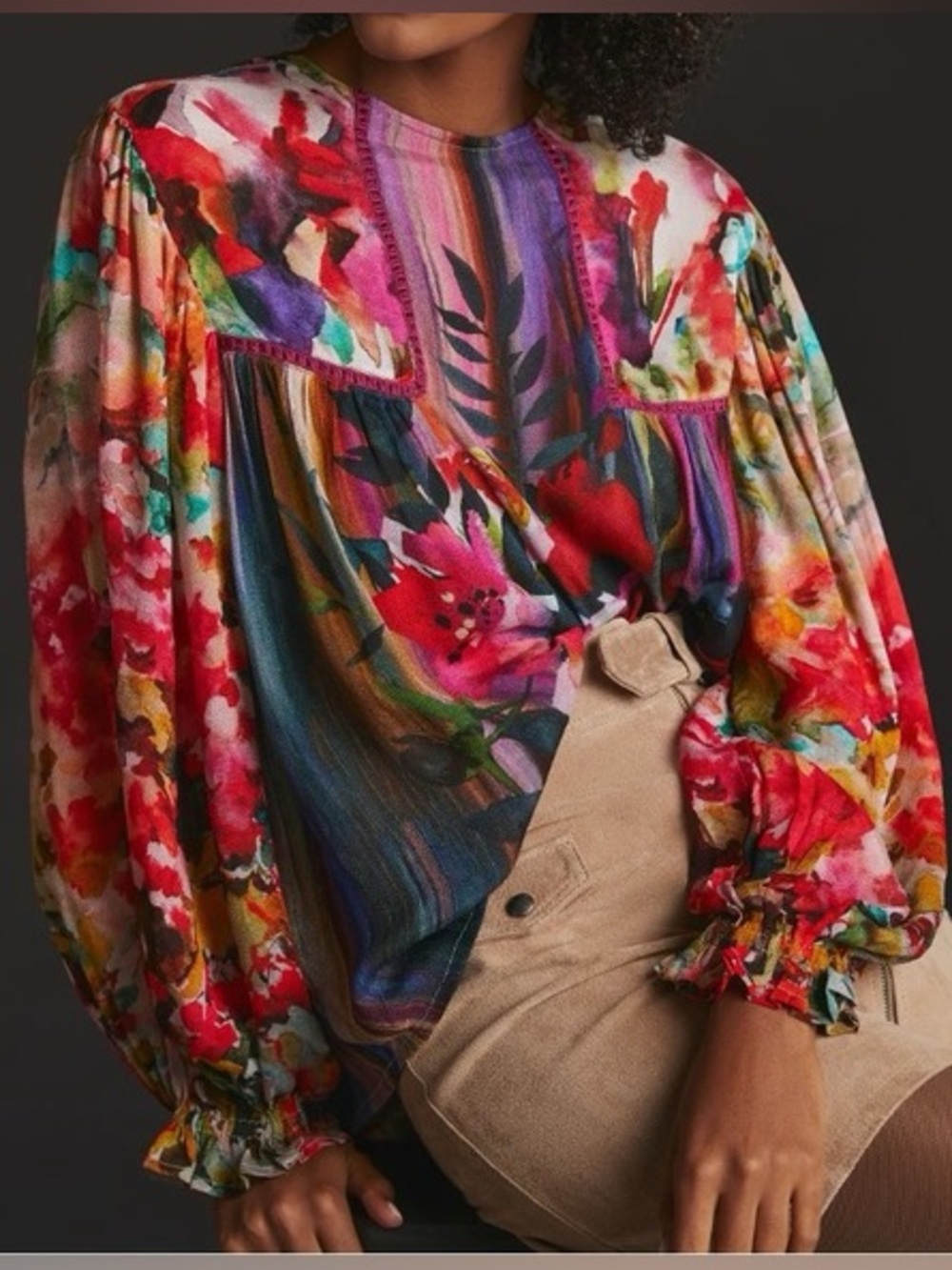 Anthropologie Blank London Bl-nk‎ Miranda Peasant Blouse Sheer Colorful Size XS